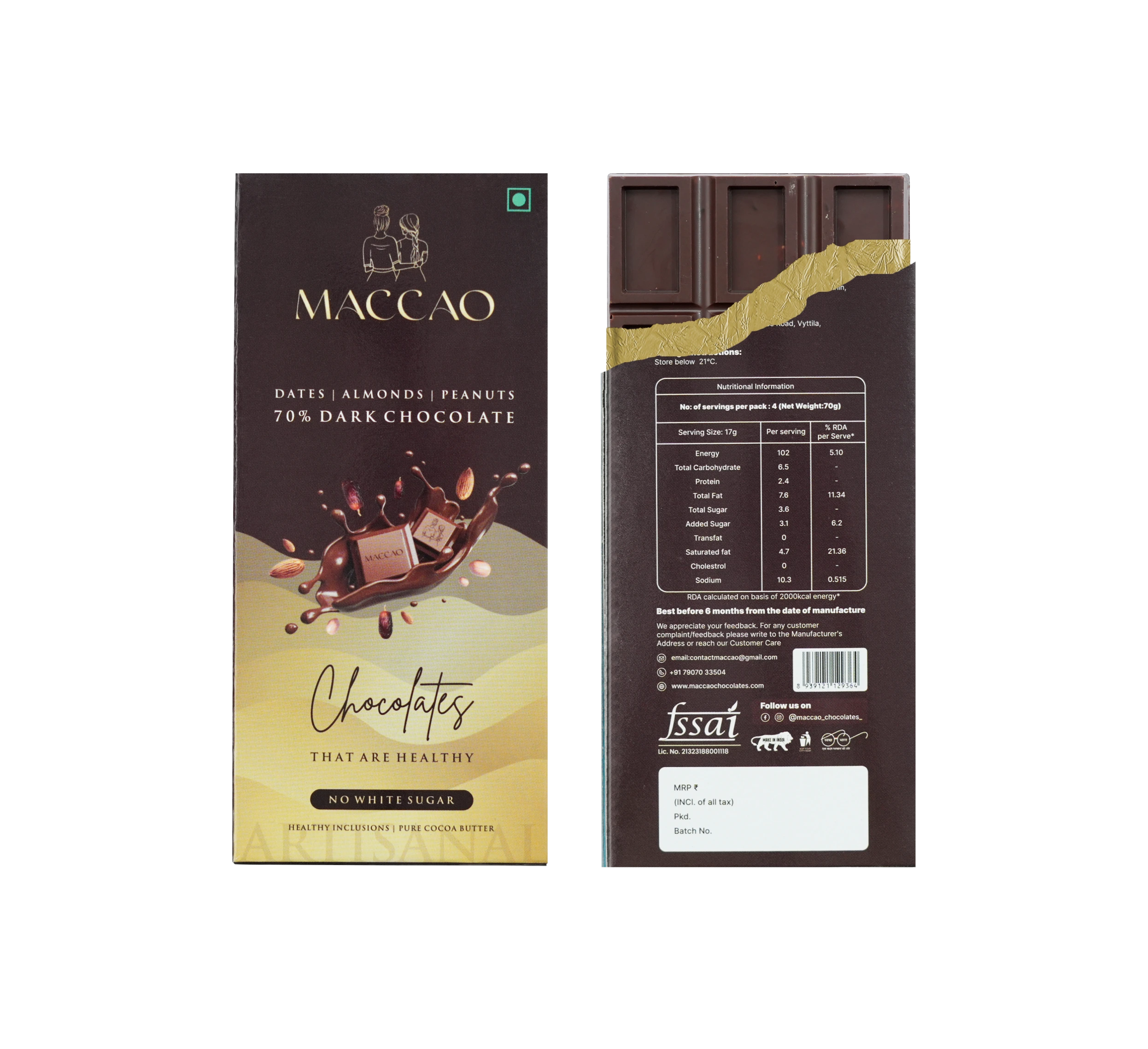 Dark Chocolate with Dates, Almonds & Peanuts – 70% Cocoa